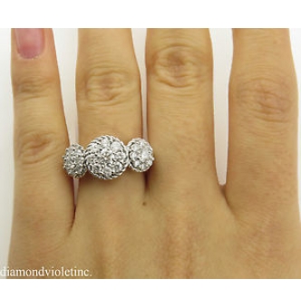 1.51ct Estate Vintage Round Diamond 3 Stone Cluster Engagement Wedding 14k  White Gold Ring